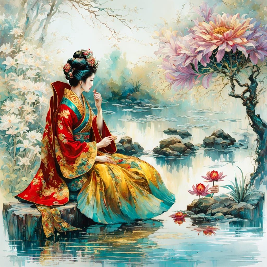 Ethereal Geisha Goddess in a Dreamlike Setting