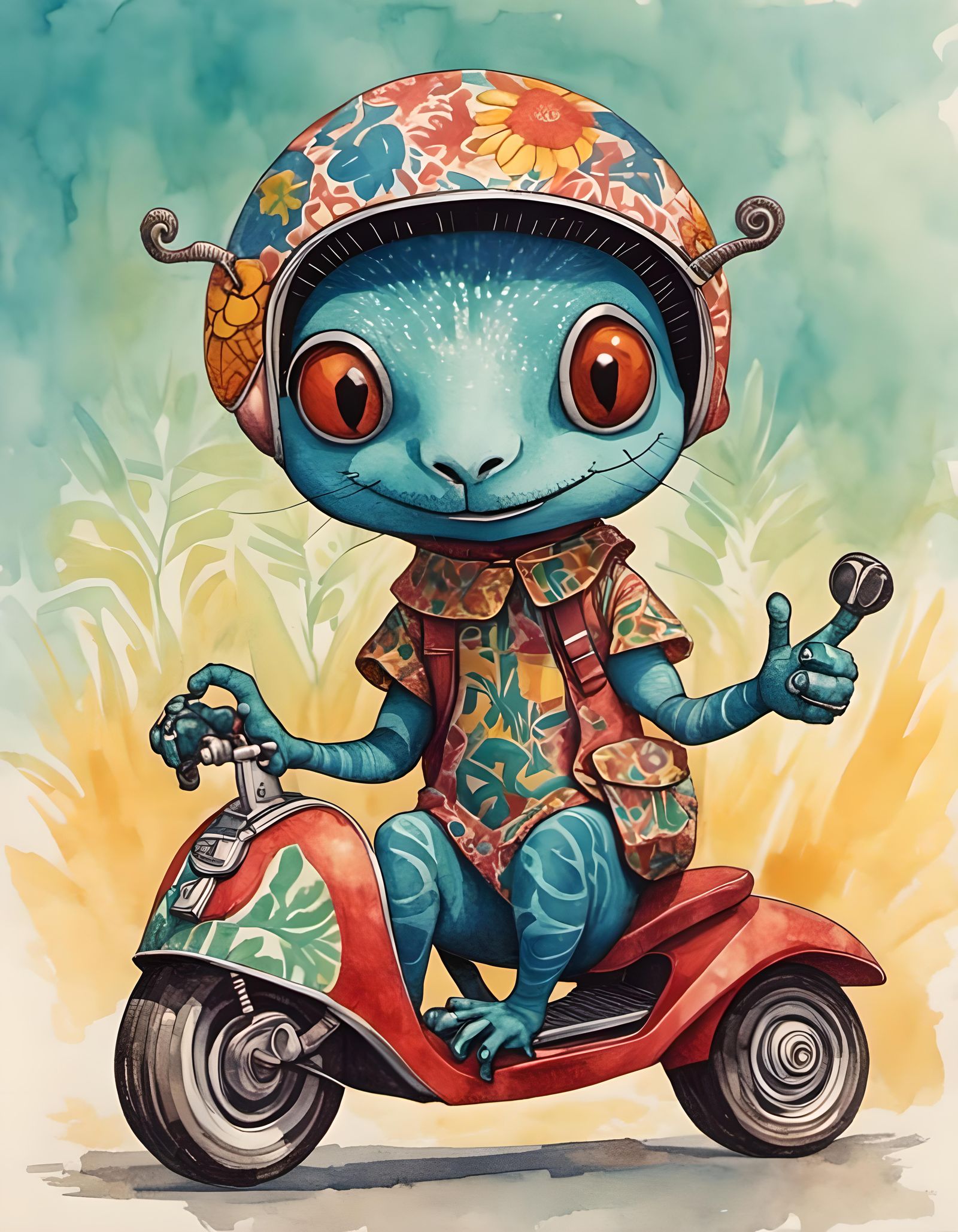 Cubist Gecko Rides Scooter in Watercolor Style