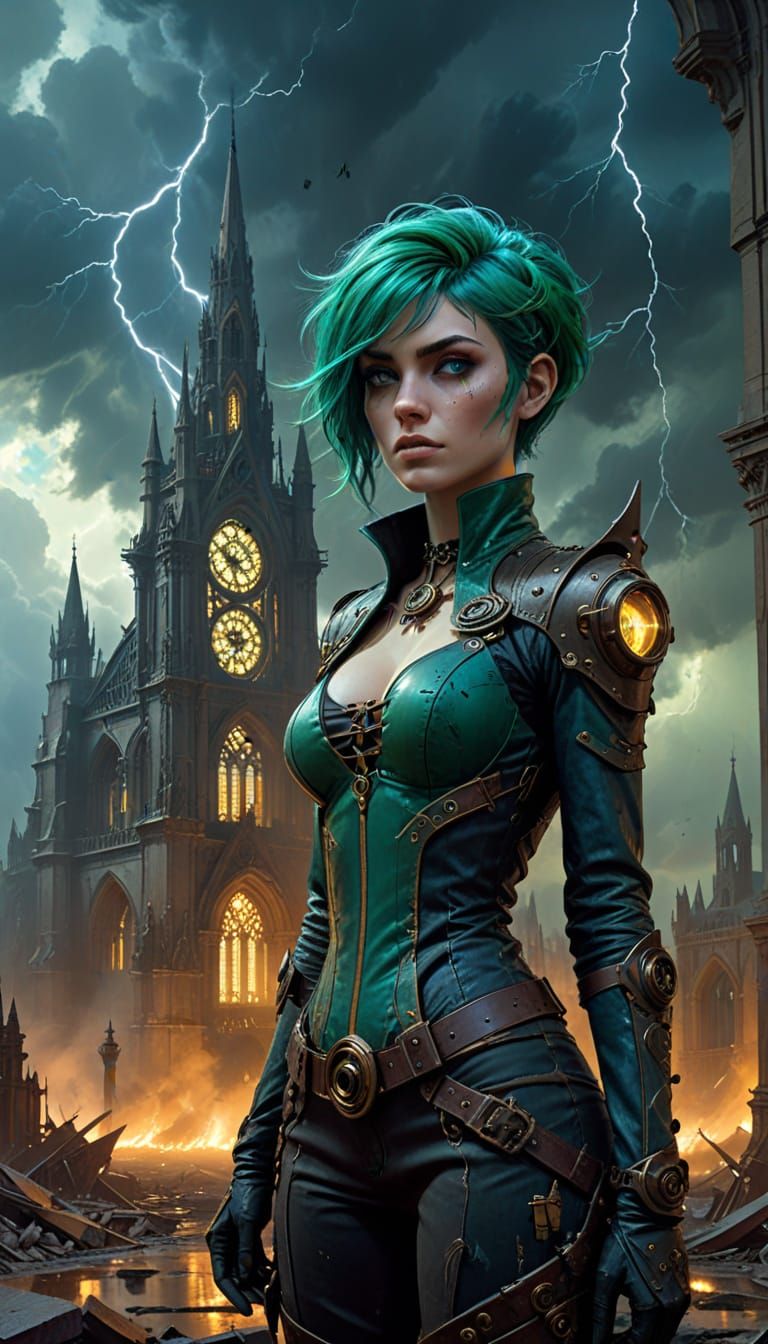 Steampunk Woman in Wasteland Cathedral, Dramatic Art Style