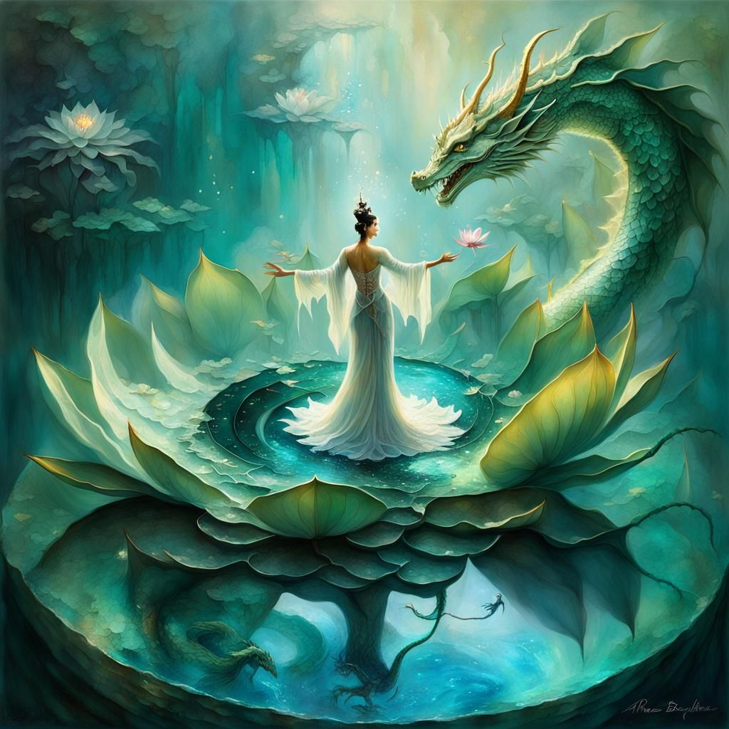 Goddess and Dragon in Lotus Pool, Hyperrealistic Art