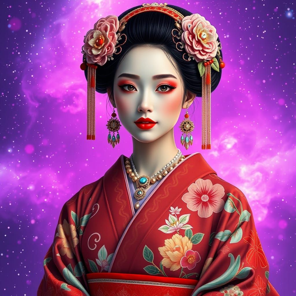 Kawaii Geisha Queen in Purple Nebula, Hyperrealistic Style