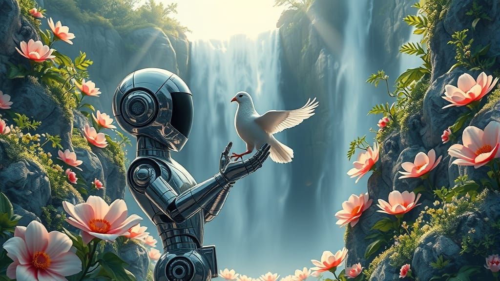 Robot and Pigeon Game in Detailed Matte Painting Style