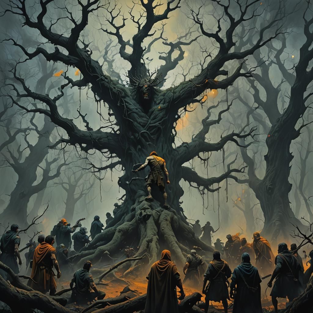 Shackled Man in Dark Forest, Dark Fantasy Art