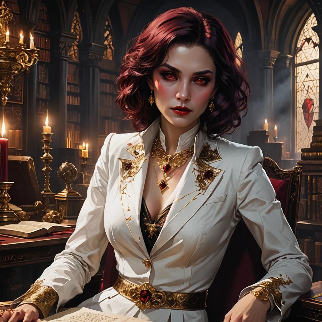 Crimson-Eyed Vampire Lady in Dark Study