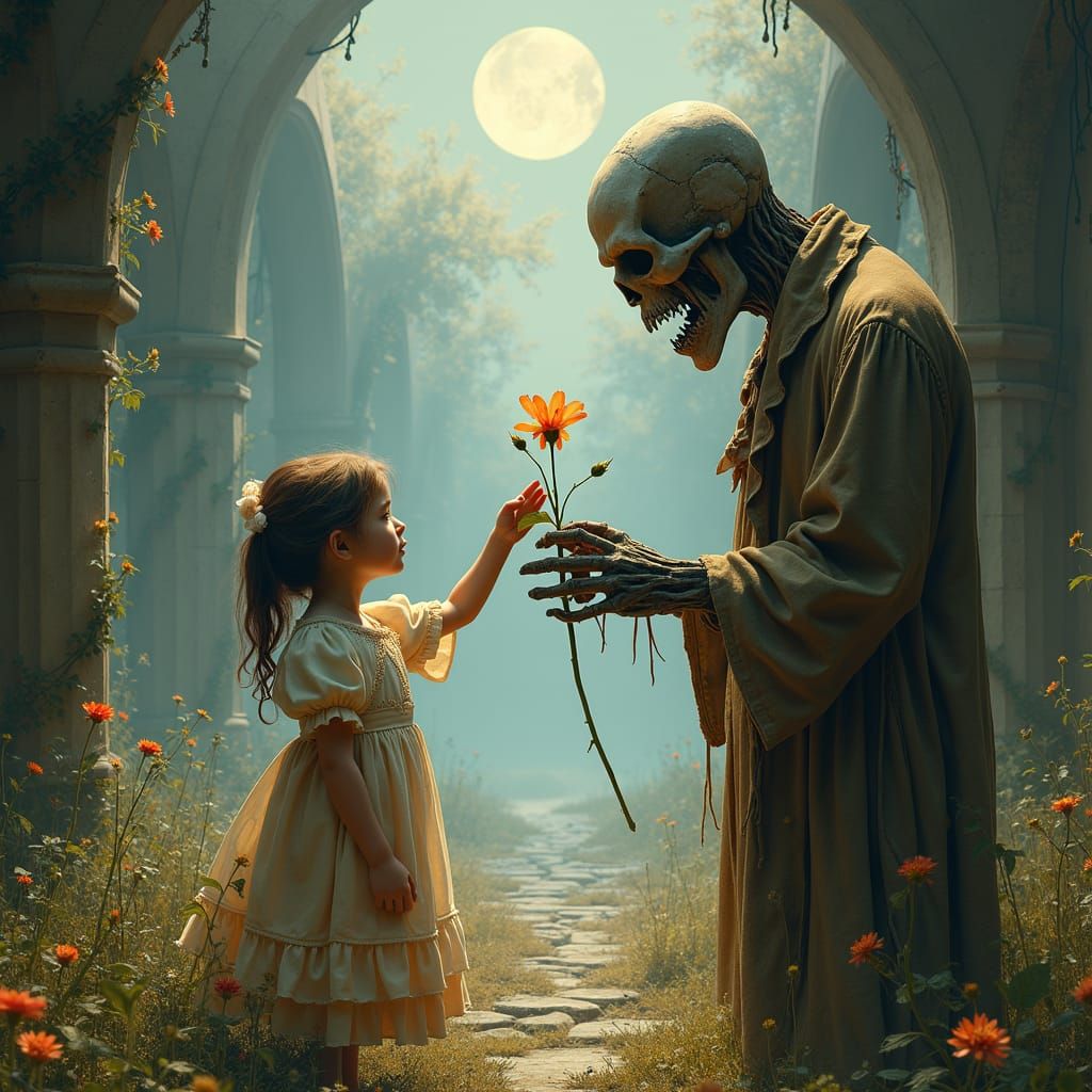 Little girl giving a zombie a flower