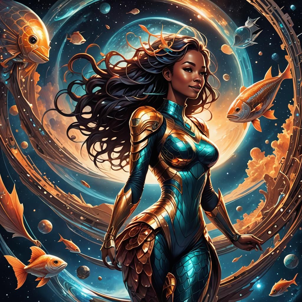 Space Mermaid Approaching Ship in Comic Book Art