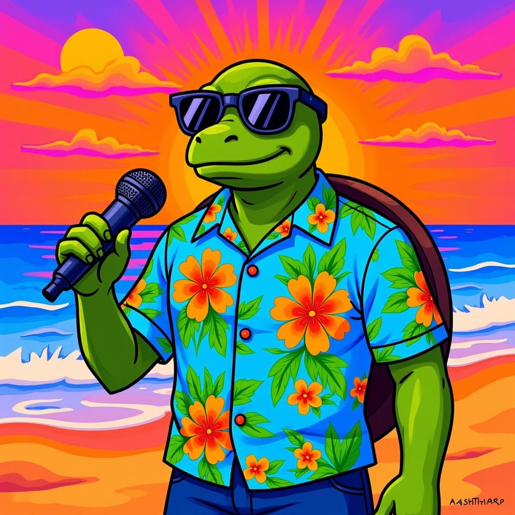 Singing Turtle on Beach in Surrealist Style