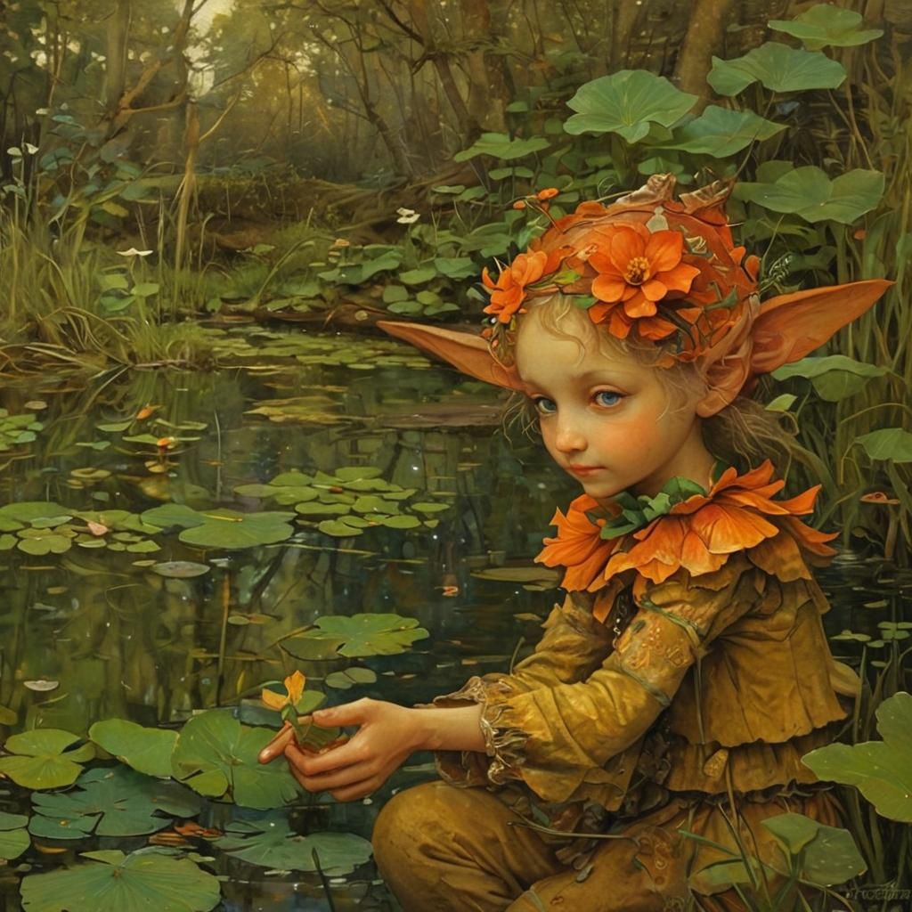 Whimsical Water Nymph in a Serene Pond Landscape