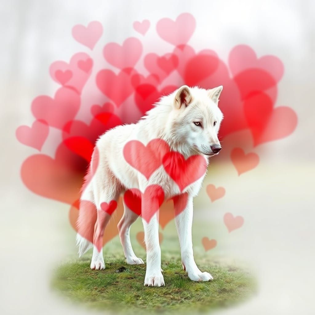 Red Hearts Double Exposure on Wolf Silhouette