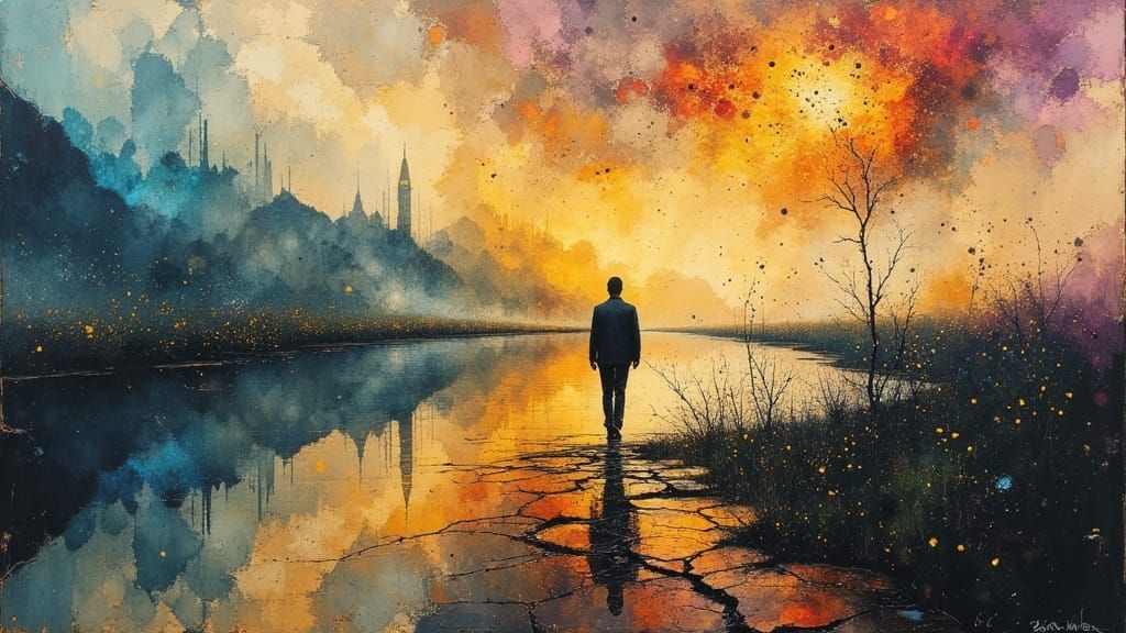 Man Running Towards Freedom in Abstract Oil Paint Style