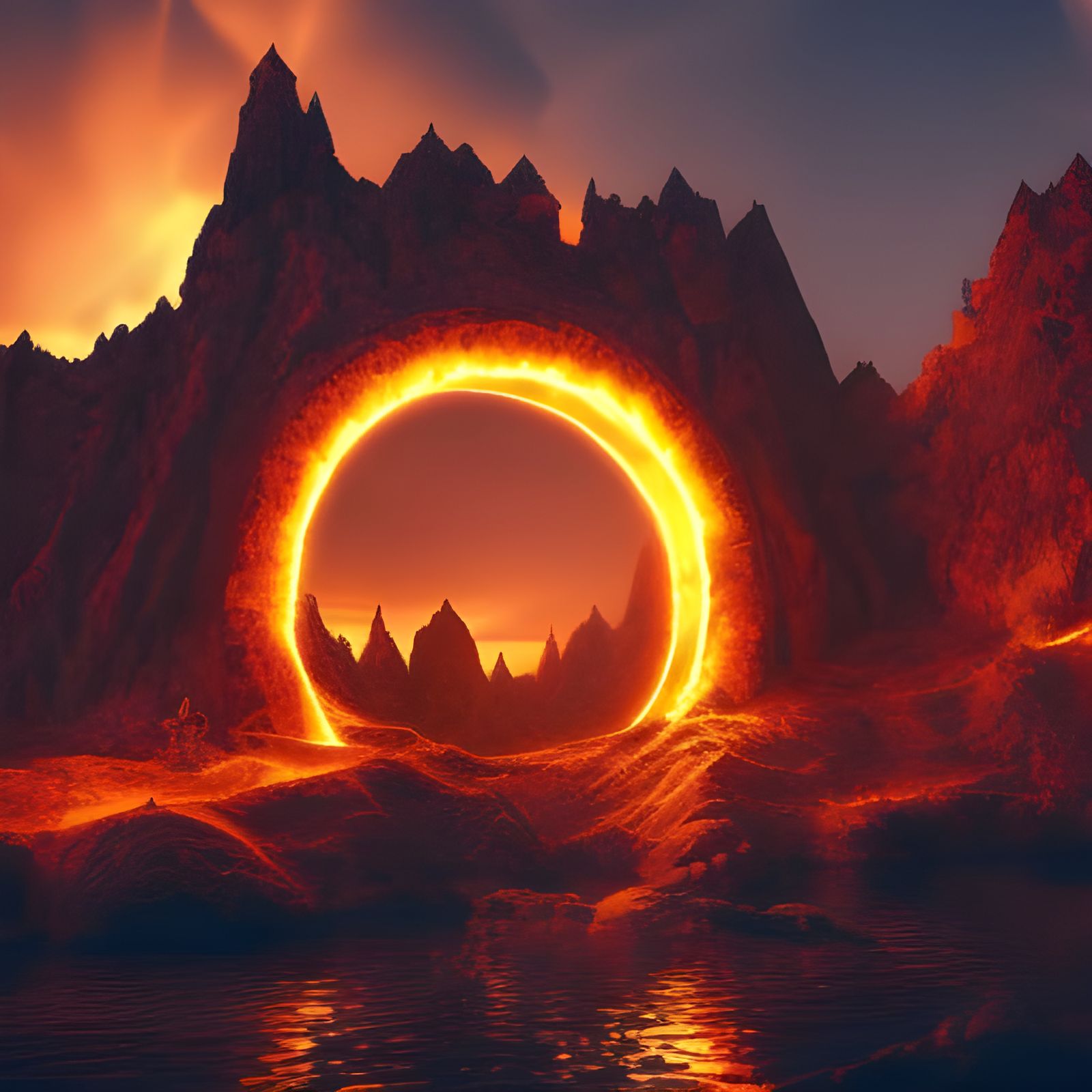 Glowing Portal Above Fire Lake in Digital Painting