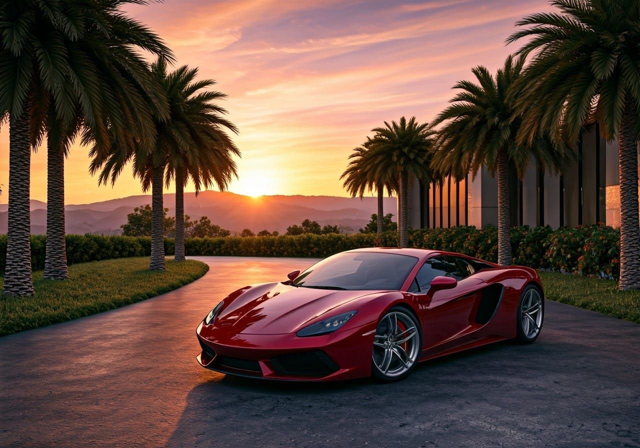 Sleek Luxury Sports Car in Tropical Sunset Setting