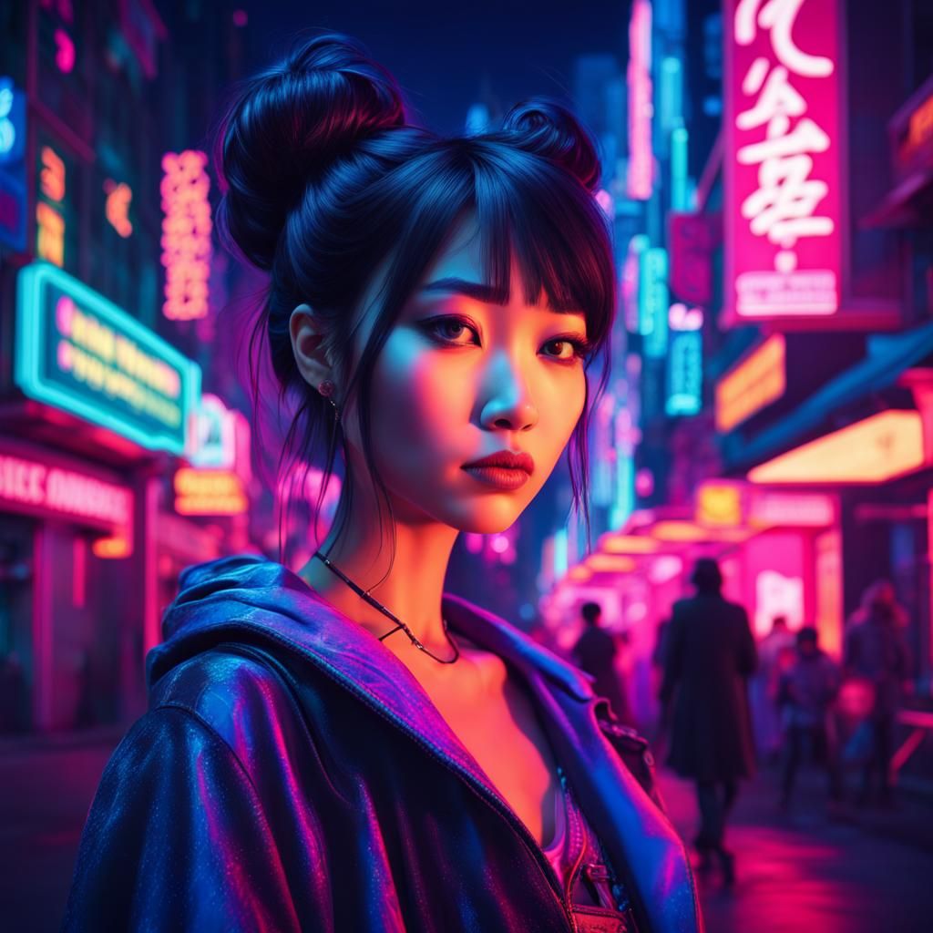Asian Girl in Neon City, Synthwave Style