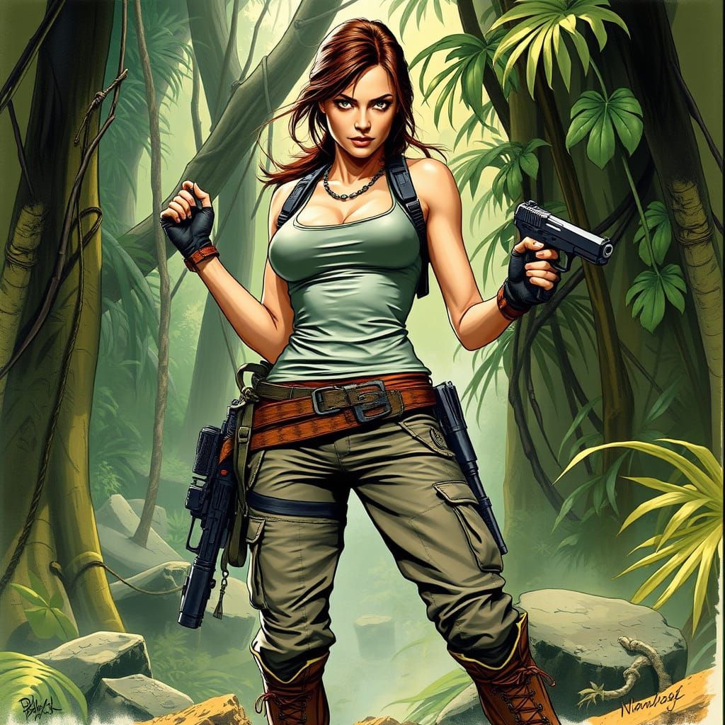 Lara Croft in Jungle Environment, Comic Art Style