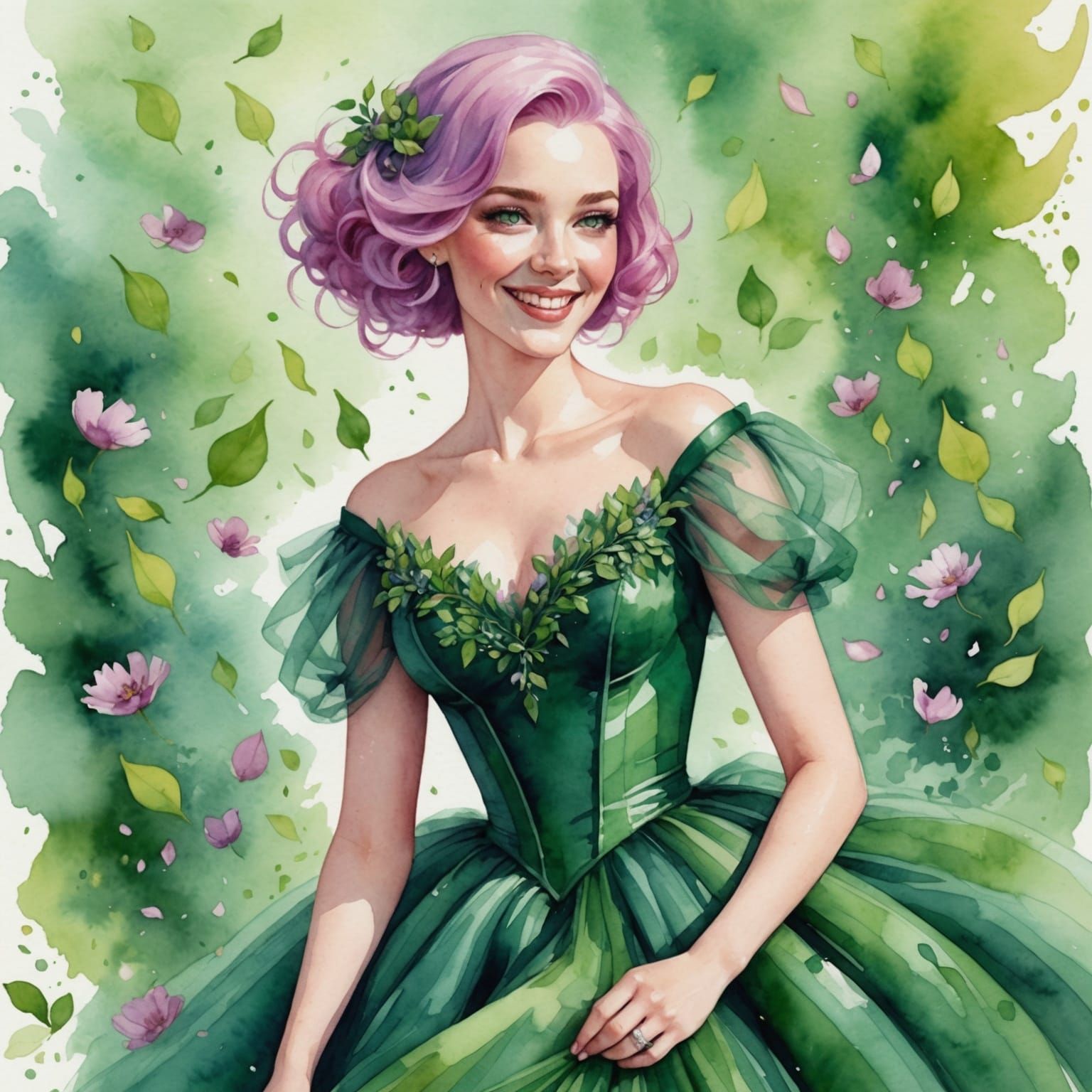 Elegant Pink-Haired Woman in Watercolor Style