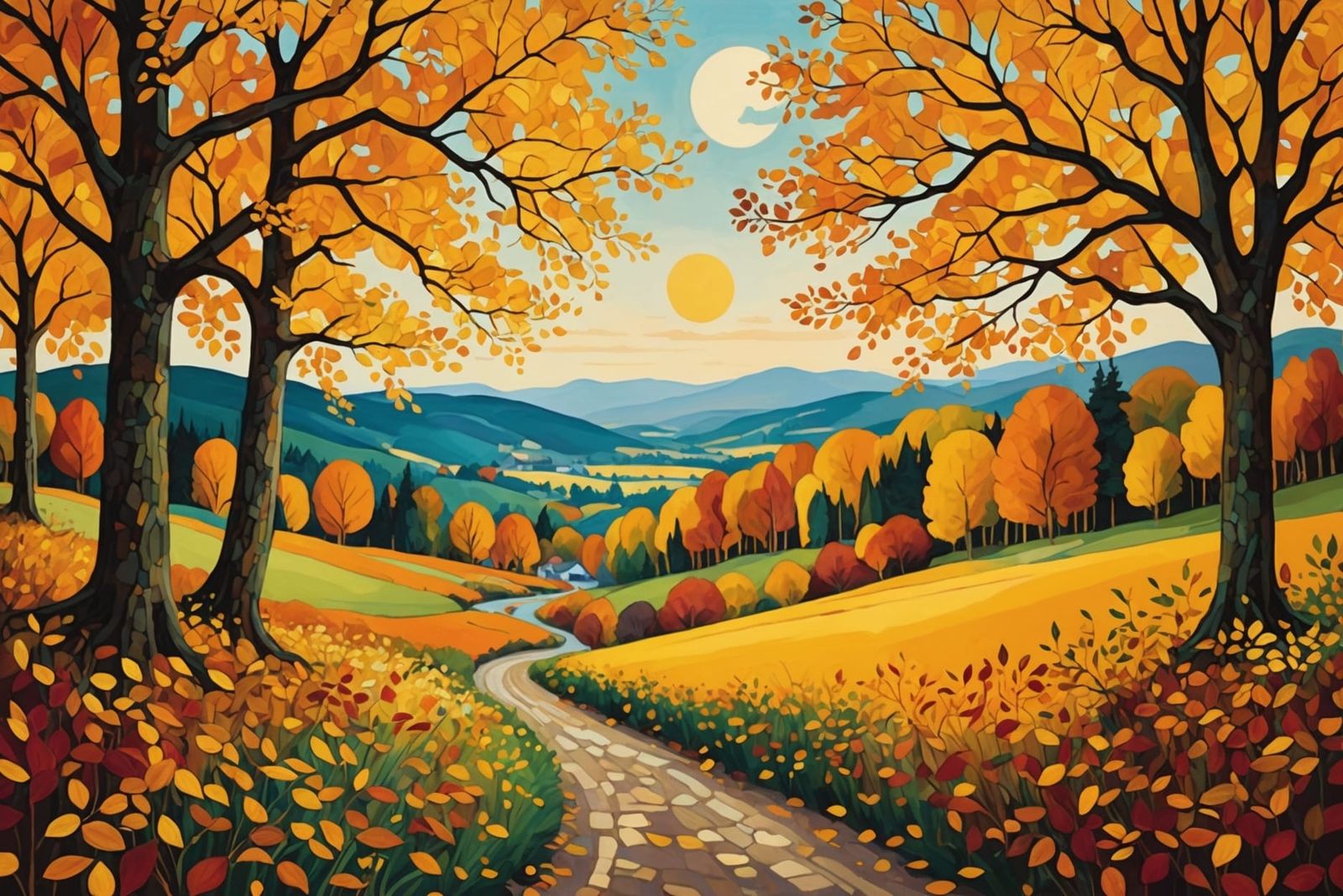 Klimt-Inspired Autumn Landscape with Vibrant Hues