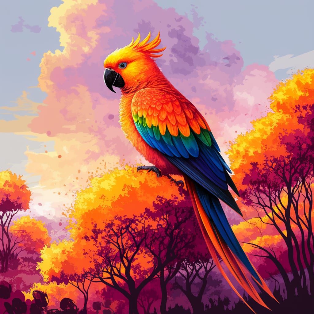 Saffron Parrot in Vibrant Sunset Watercolour