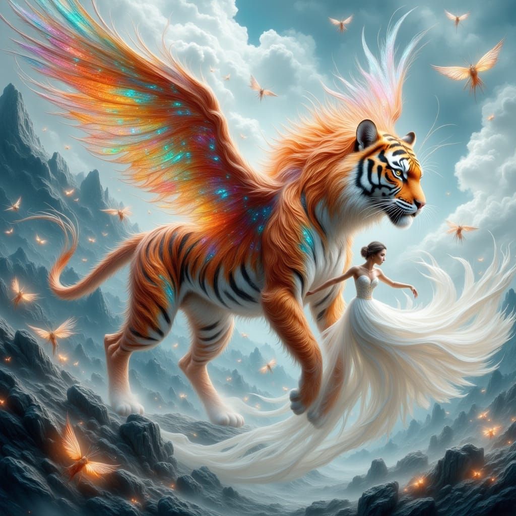 Winged Alien Tiger Transports Woman in Impasto Style