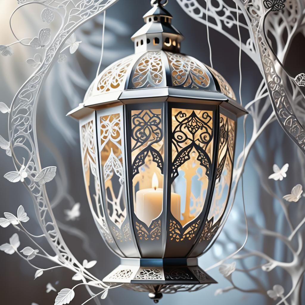 Dreamlike White Lantern in Digital Acrylic Art