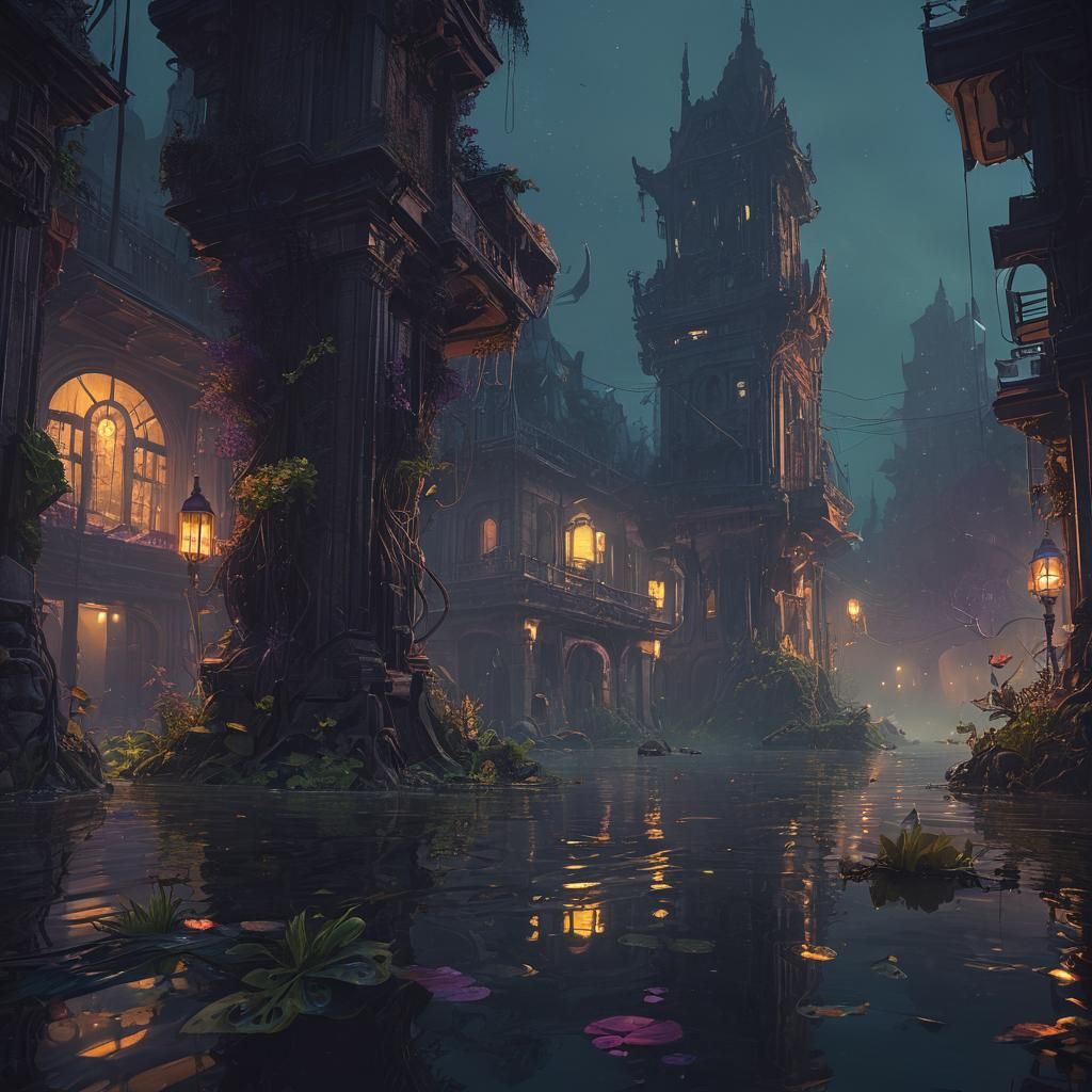 Eerie Underwater Cityscape in Dark Fantasy Style