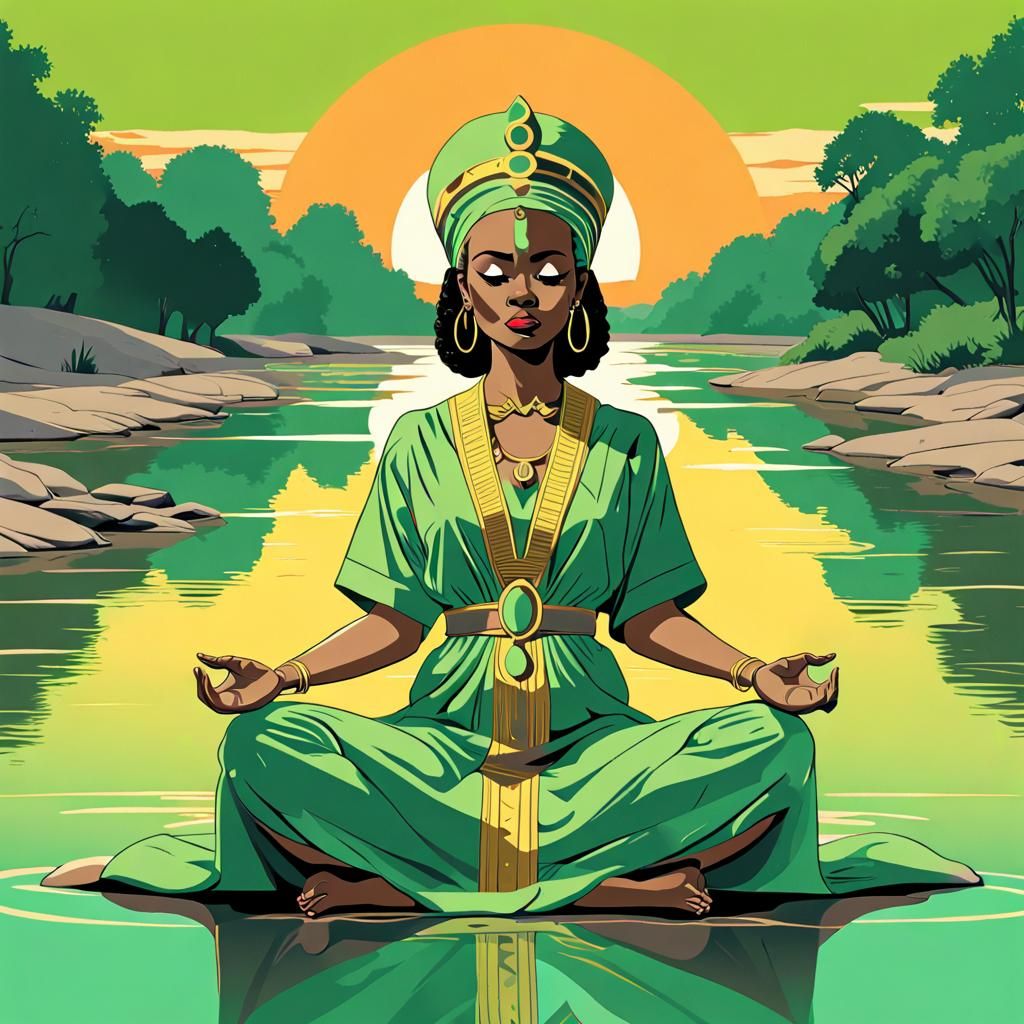 Nubian Queen Meditating: Retro Pop Art Sunset