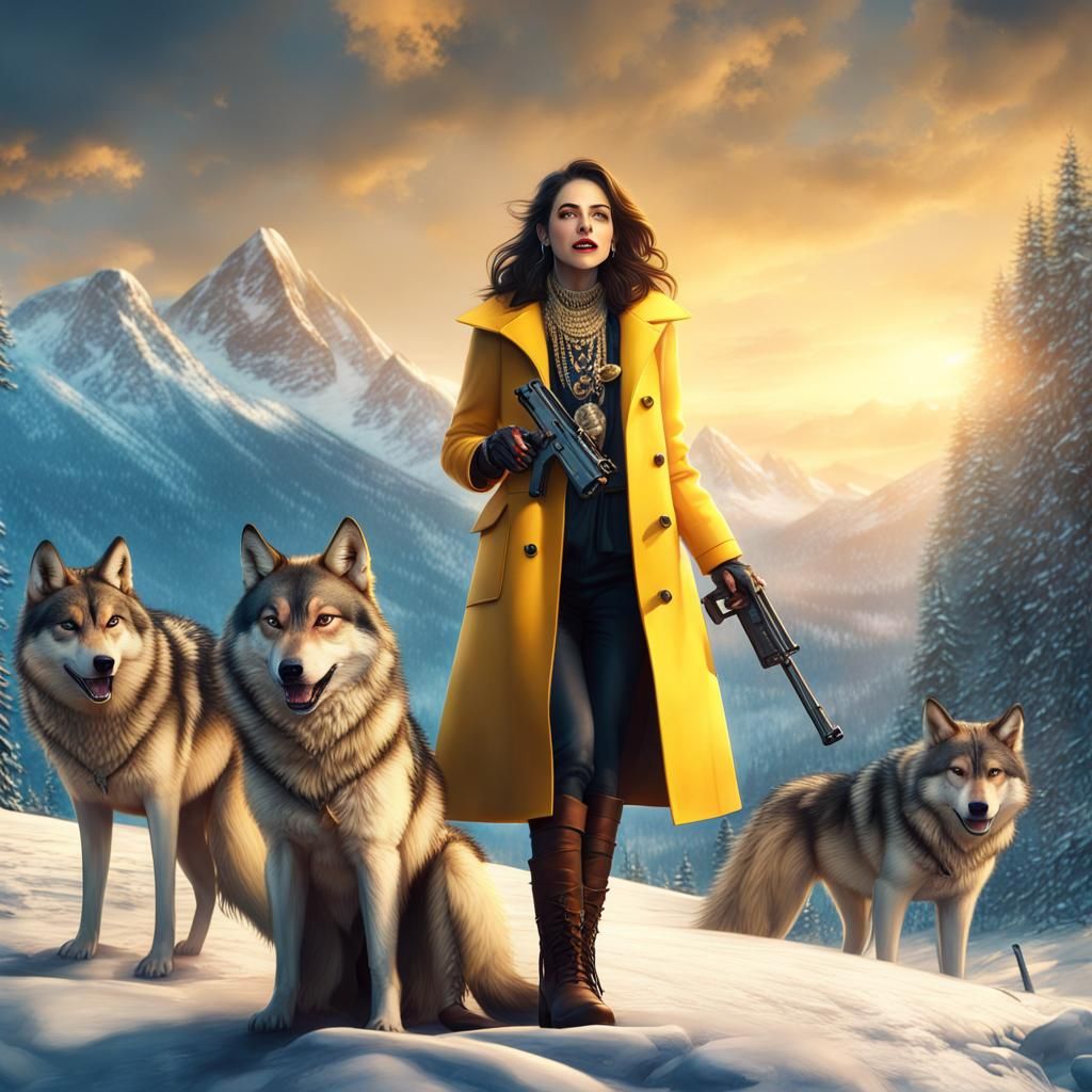 Female Gangster Laughing at Sunrise with Wolves