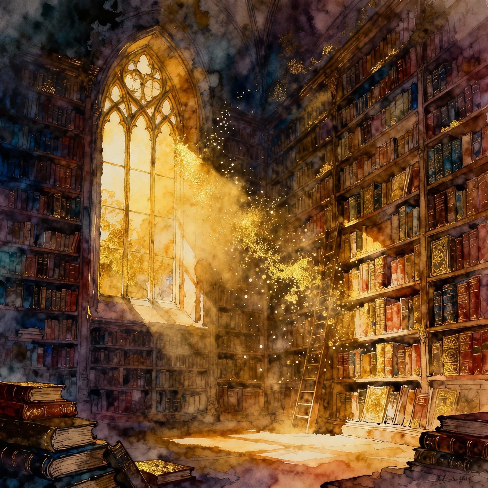 Dreamlike Library in Vibrant Watercolour Style