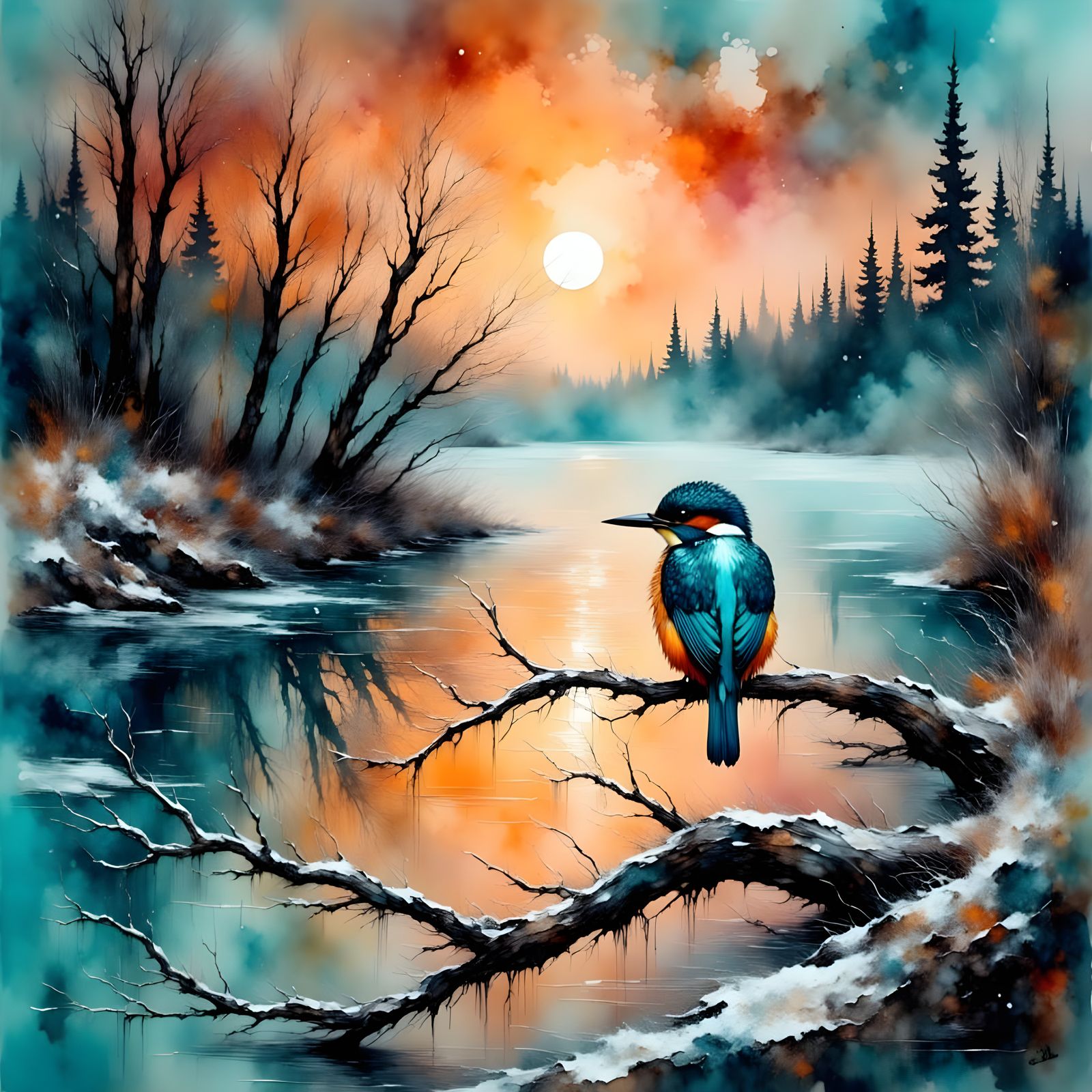 Majestic Kingfisher in Vibrant Acrylic Style