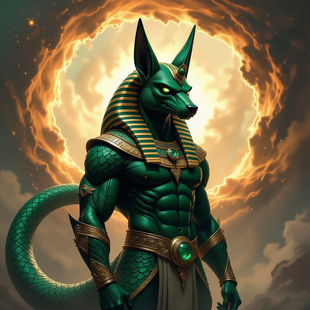 Emerald Anubis Dragon Demon in Cosmic Vortex