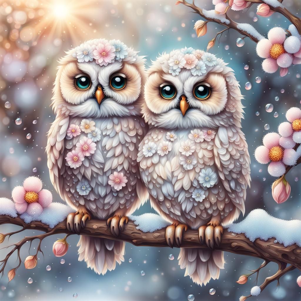 Hyperrealistic Chibi Owls with Pastel Flowers