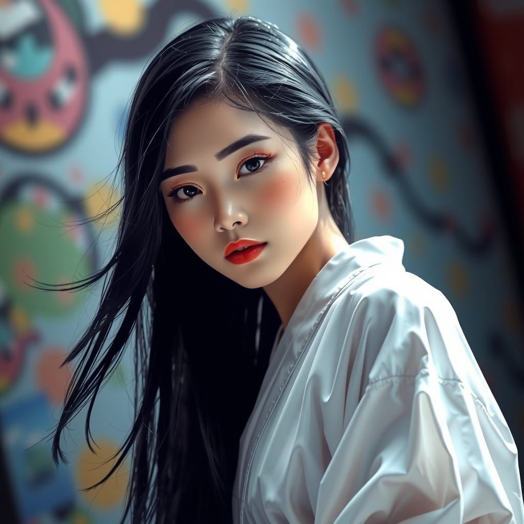 Hyperrealistic Japanese Woman in White Dress