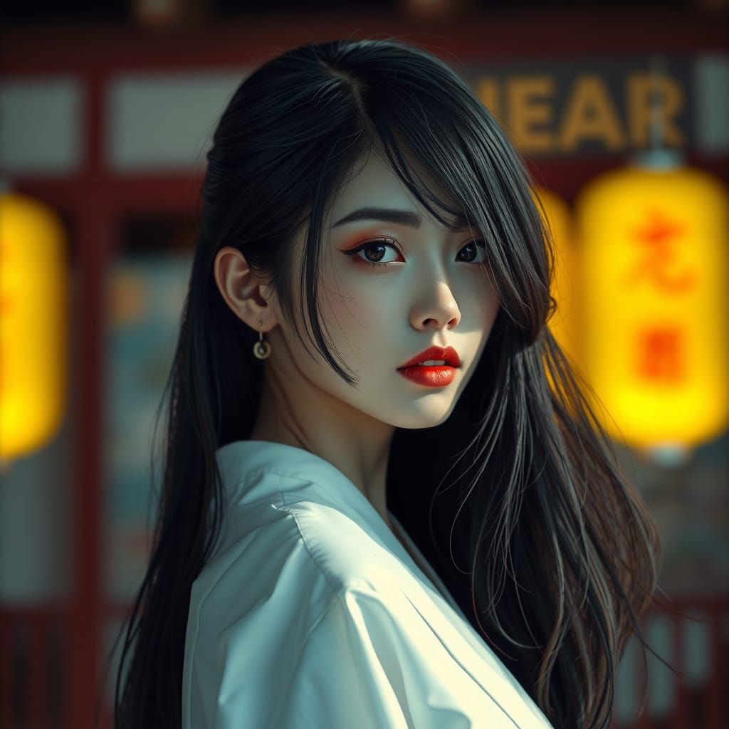 Hyperrealistic Japanese Woman in a Dramatic Setting
