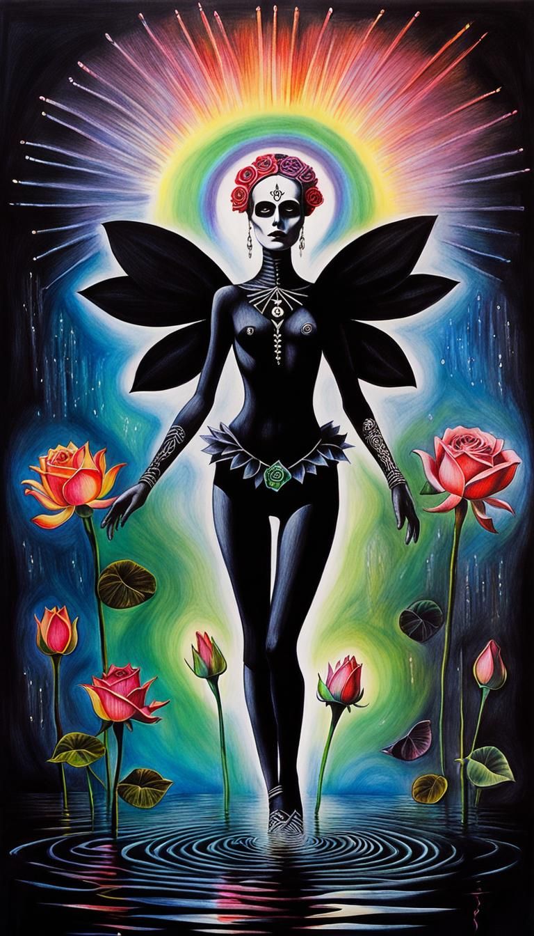 Gothic Woman in Surreal Crayon Drawing with Fairy