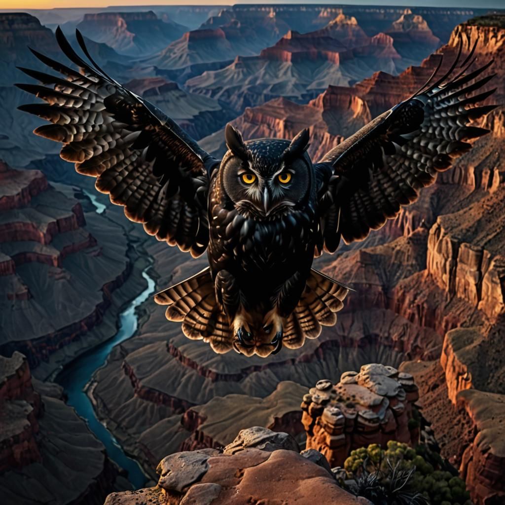 Epic Black Owl Flight Over Grand Canyon