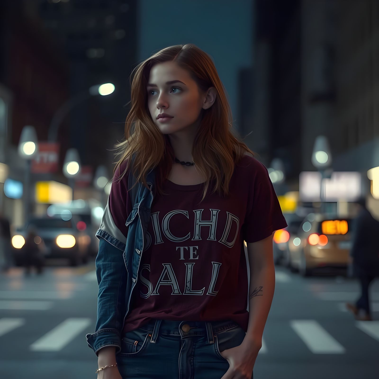 Contemplative Woman in Cityscape: Film Noir Style