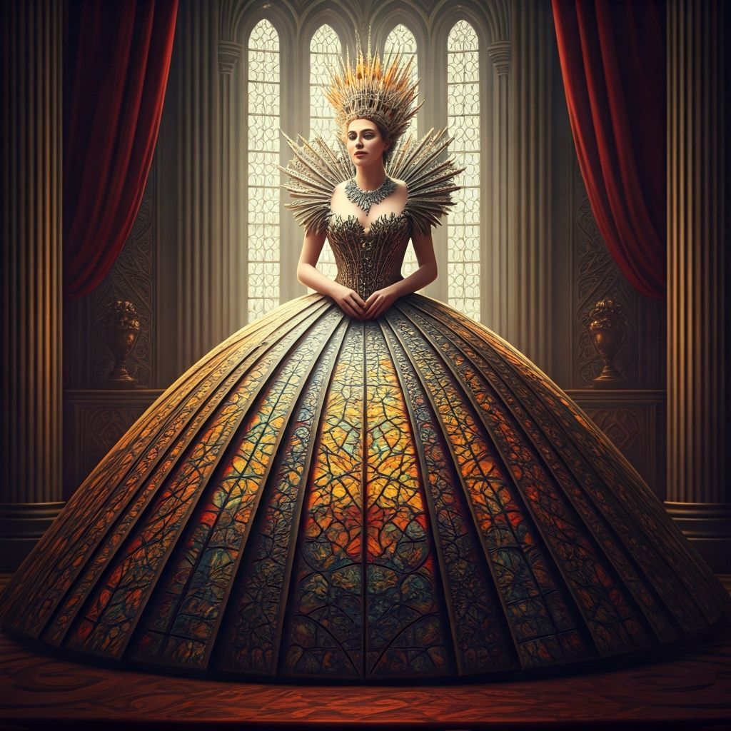 Queen in Stained Glass Gown in Throne Room