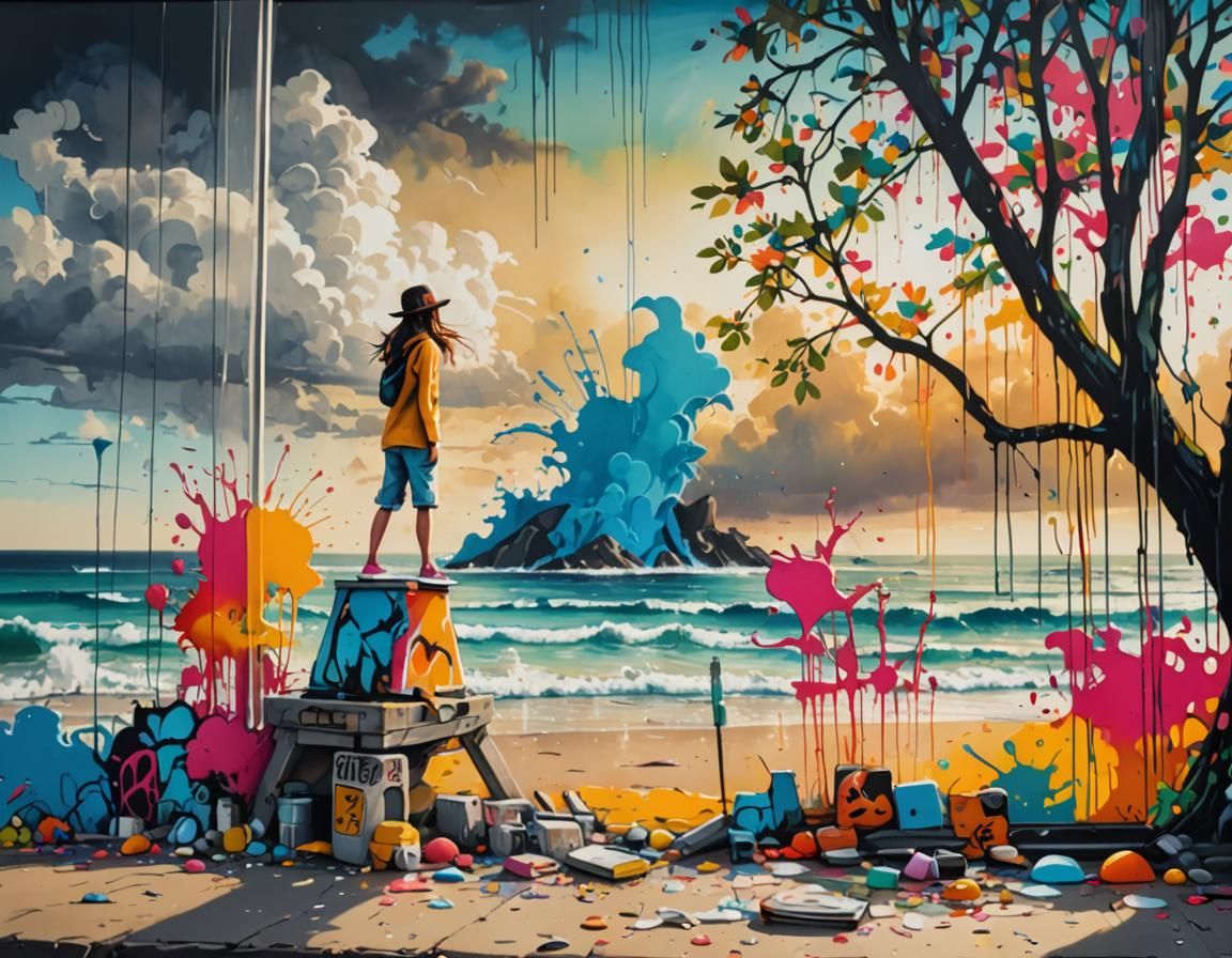 Cartoon Beach Scene in Graffiti Art Style