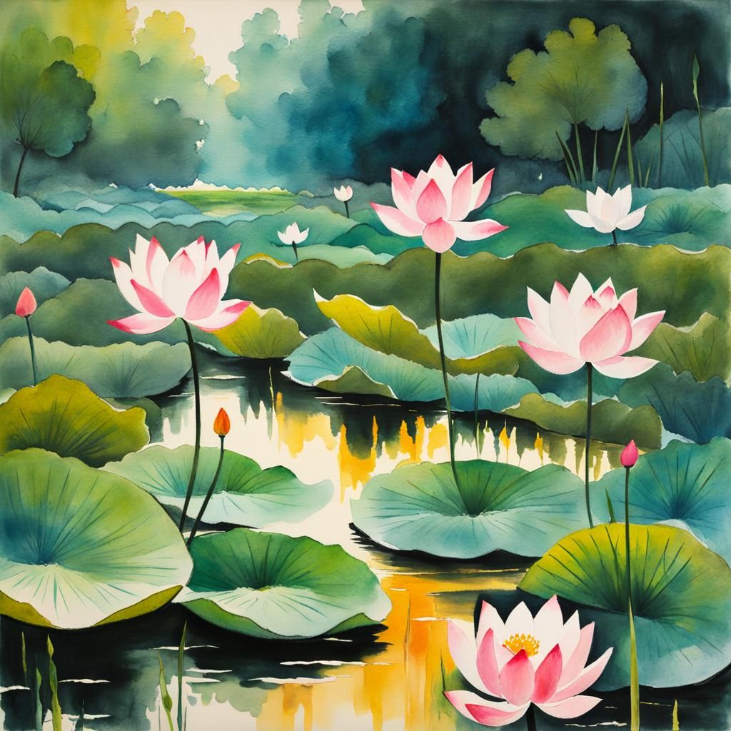 Lotus Flowers in Gouache Style Watercolor Landscape