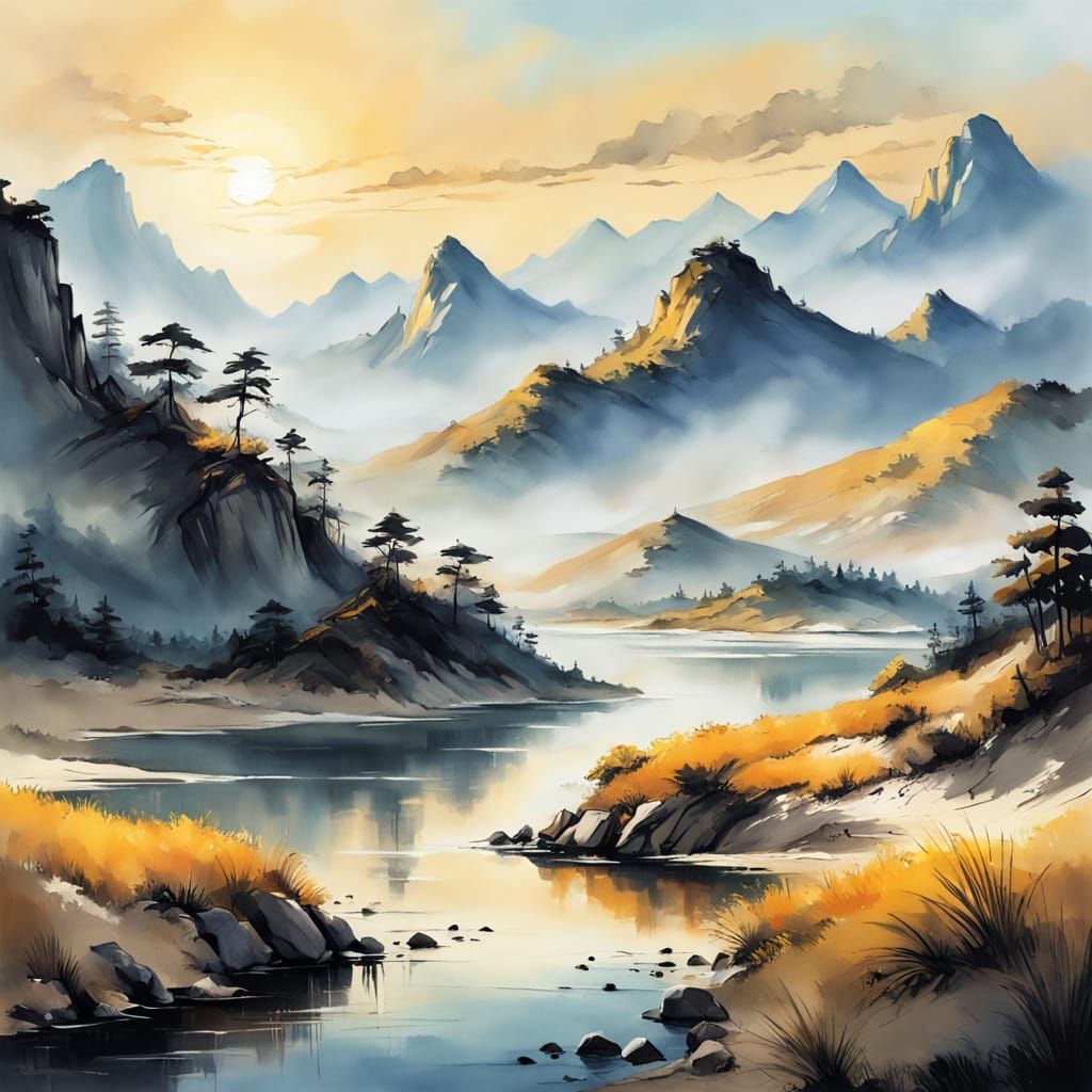 Ethereal Panoramic Landscape with Majestic Mountains and Lus...