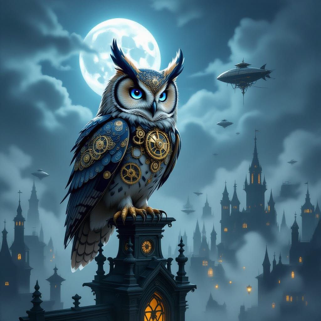 Clockwork Owl on Gothic Spire Over Steampunk City