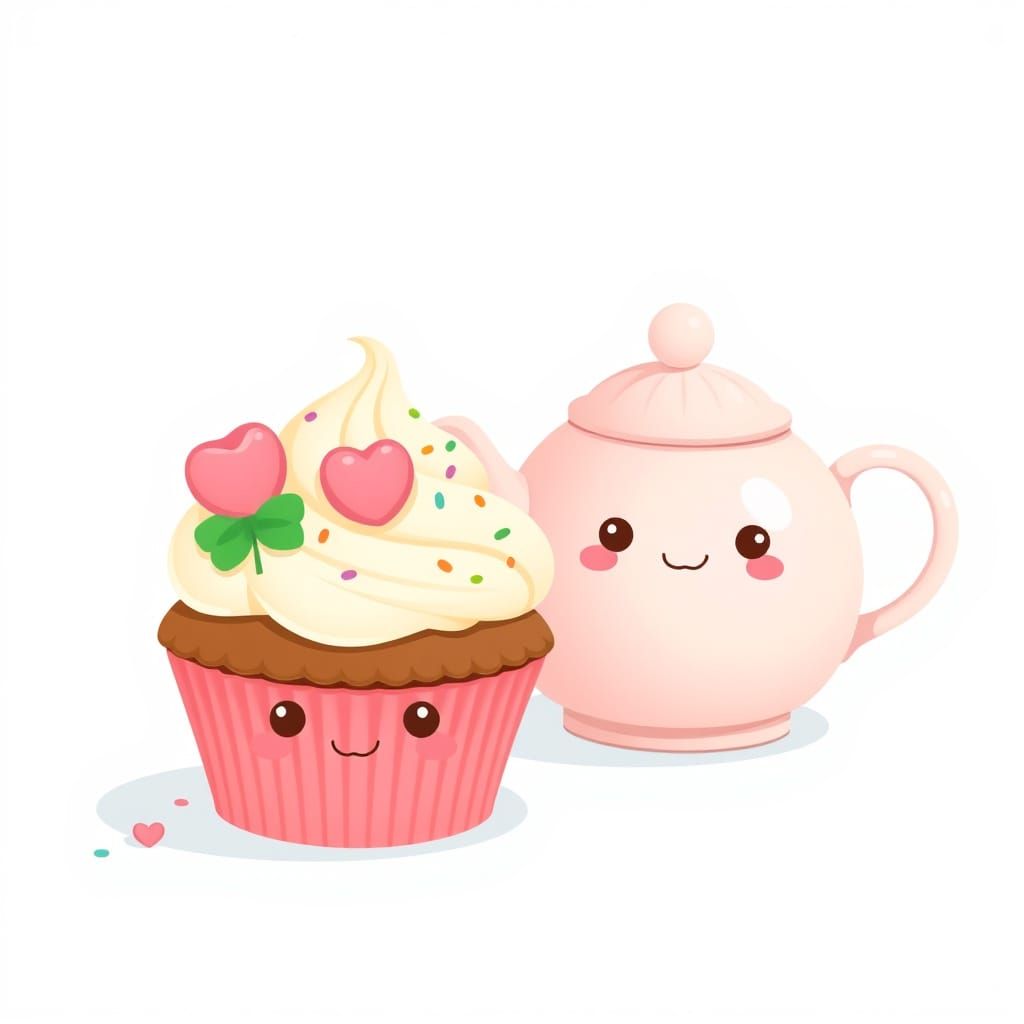 Kawaii Cupcakes and Teapot Storybook Illustration