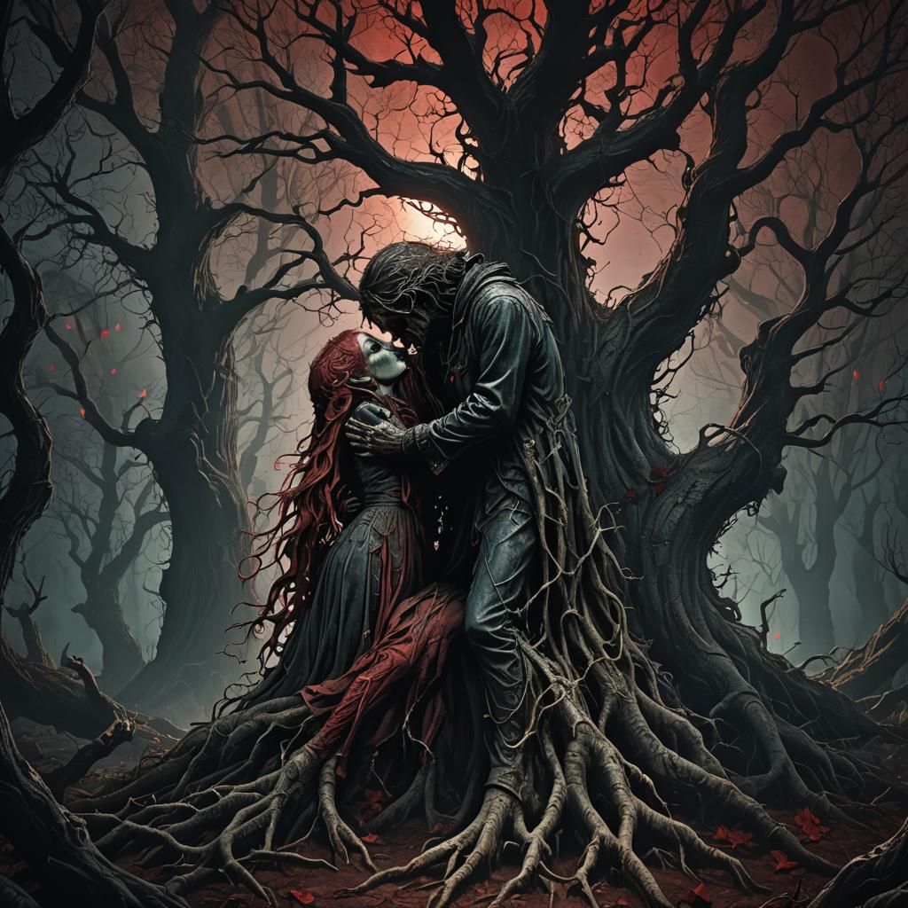 Dark Fantasy Kiss in Eerie Forest, Gustave Doré Style
