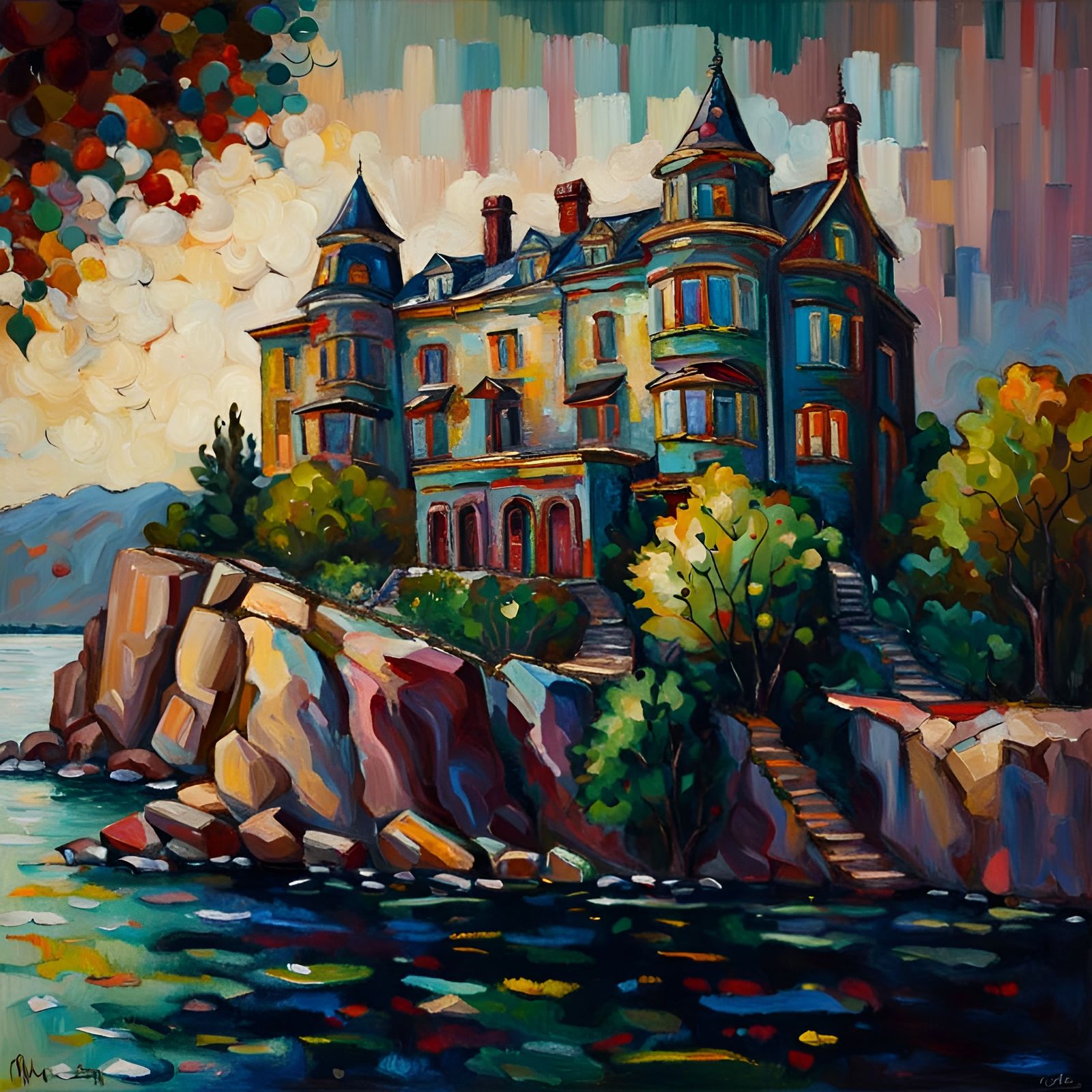 Neo-Impressionistic Cliffside Mansion Overlooking Lake