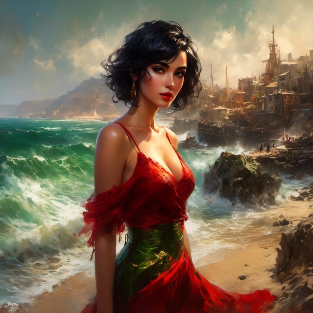 Beautiful Tunisian Woman on Beach as Oil Painting