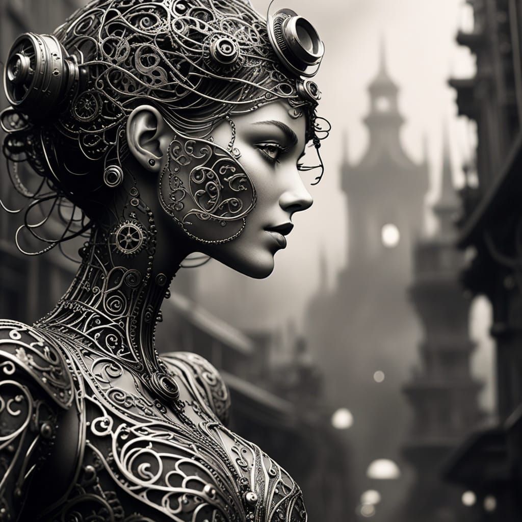 Filigree Steampunk Figures in Industrial Cityscape