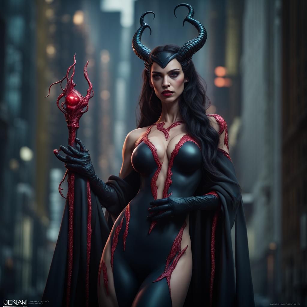 Venom Female Transformation in NYC: Detailed Matte Painting