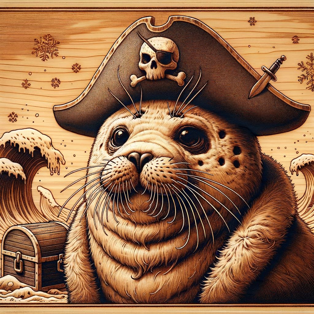 A detailed woodburned art piece (pyrography style) of a pirate-themed arctic seal, engraved on a warm-toned wooden plaqu...