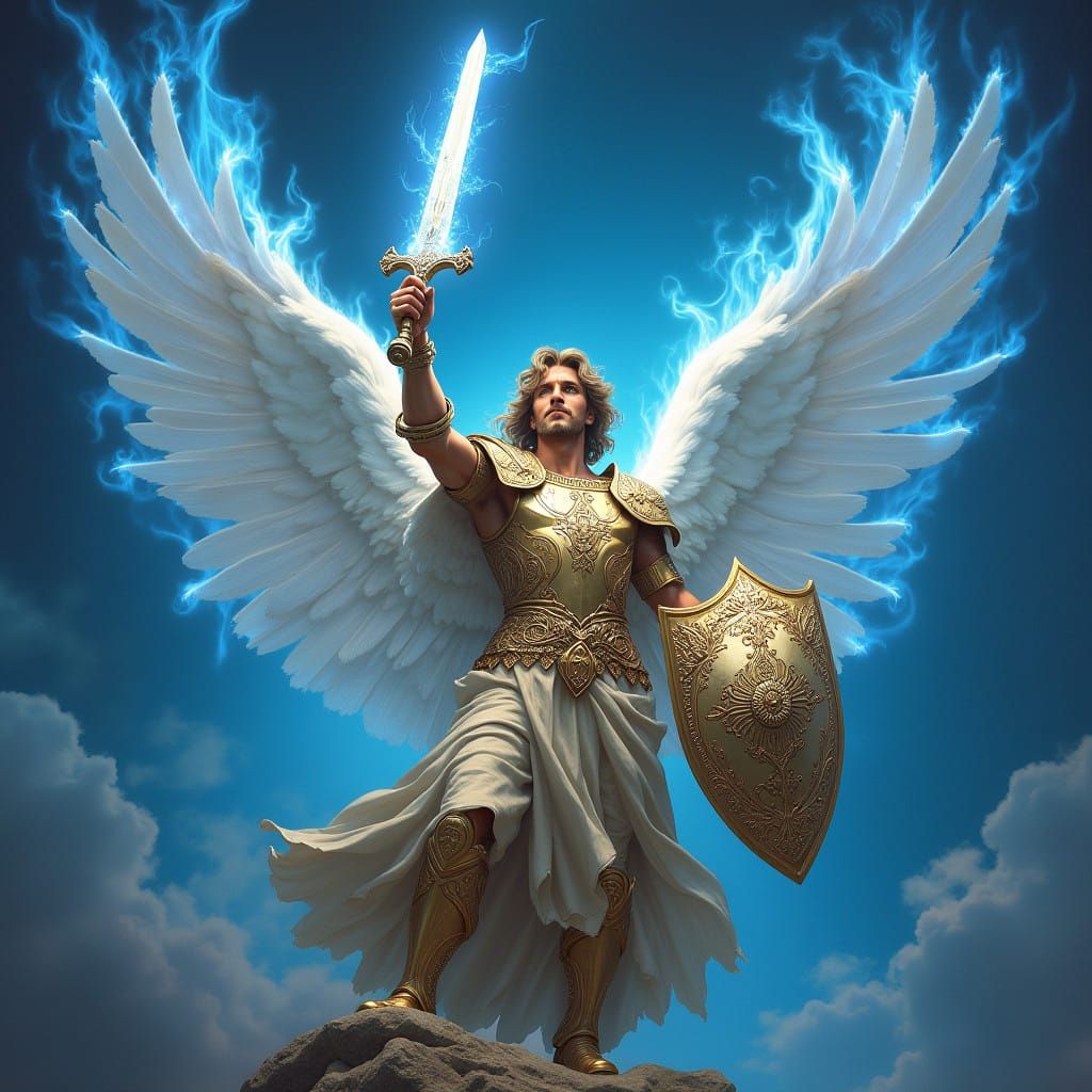 Golden Archangel Michael Surrounded by Electric Blue Flame