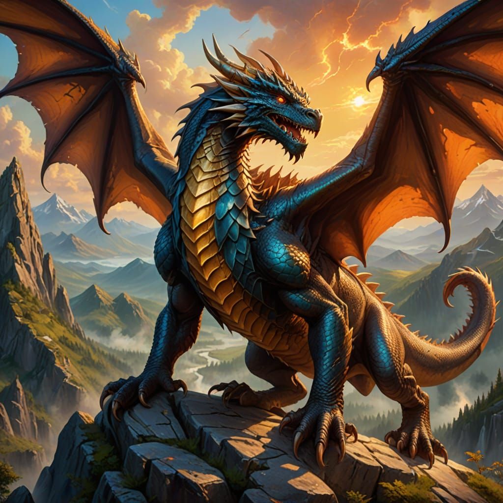 Dragon in Golden Hour, Vibrant Oil Painting