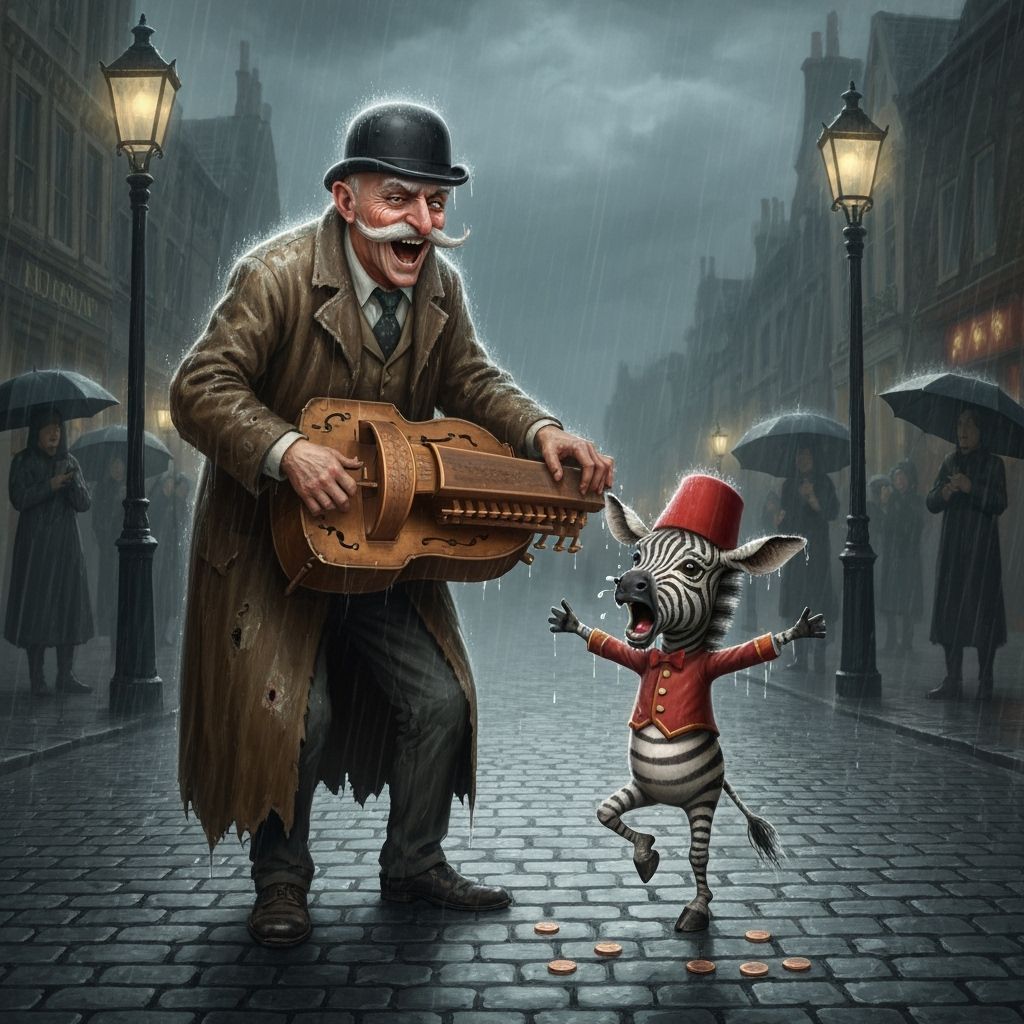 Zebra Boy Dances for Hurdy-Gurdy Man on Rainy Cobblestone